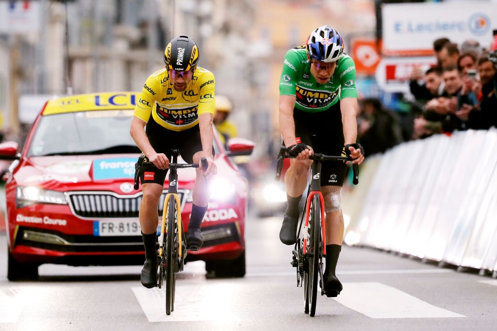 Primoz Roglic and Wout van Aert in yellow and green at Paris-Nice