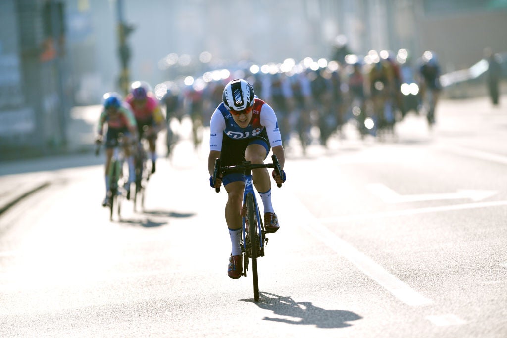 WEVELGEM, BELGIUM - MARCH 27: Grace Brown of Australia and Team FDJ Nouvelle - Aquitaine Futuroscope attacks in the breakaway during the 11th Gent-Wevelgem In Flanders Fields 2022 - Women's Elite a 159km one day race from Ypres to Wevelgem / #GWEwomen / #UCIWWT / on March 27, 2022 in Wevelgem, Belgium. (Photo by Luc Claessen/Getty Images)
