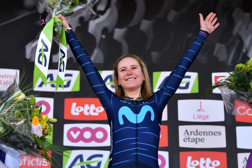 LIEGE, BELGIUM - APRIL 24: Annemiek Van Vleuten of Netherlands and Movistar Team Women celebrates at podium as race winner during the 6th Liege - Bastogne - Liege 2022 - Femmes a 142,1km one day race from Bastogne to Liège / #LBL / #LBLwomen / #UCIWWT / on April 24, 2022 in Liege, Belgium. (Photo by Luc Claessen/Getty Images)