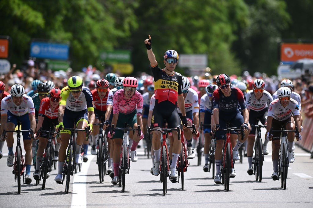 Wout van Aert (Jumbo-Visma) wins stage 1 at the Criterium du Dauphine.