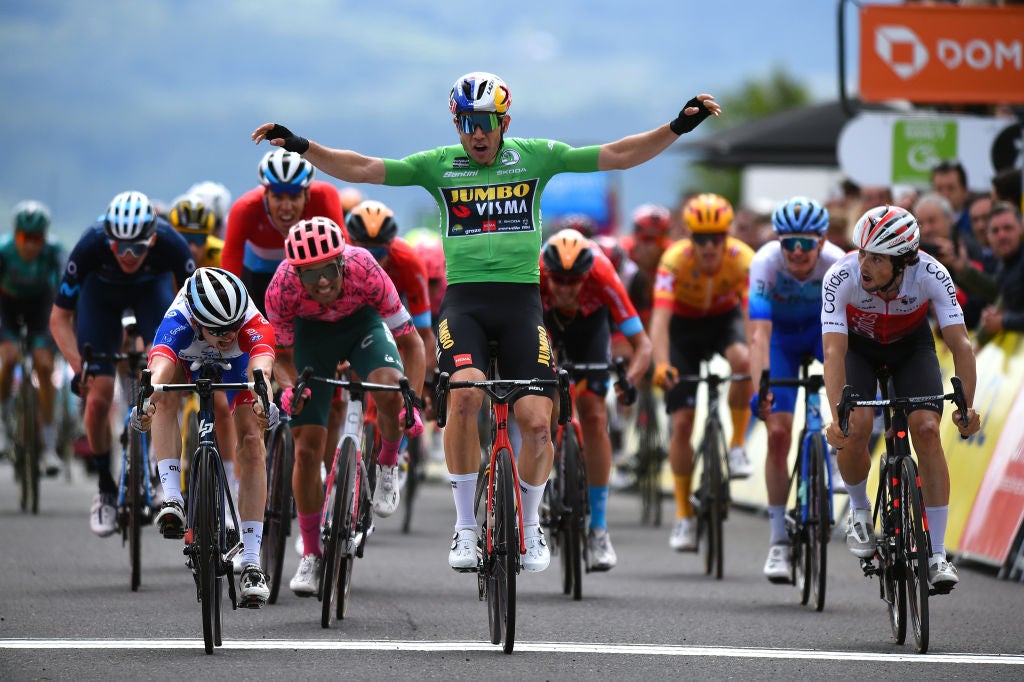 CHASTREIX-SANCY, FRANCE - JUNE 07: (L-R) Stage winner David Gaudu of France and Team Groupama - FDJ, Wout Van Aert of Belgium and Team Jumbo - Visma Green Points Jersey and Victor Lafay of France and Team Cofidis sprint at finish line during the 74th Criterium du Dauphine 2022 - Stage 3 a 169km stage from Saint-Paulien to Chastreix-Sancy 1391m / #WorldTour / #Dauphiné / on June 07, 2022 in Chastreix-Sancy, France. (Photo by Dario Belingheri/Getty Images)