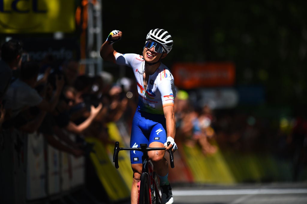 GAP, FRANCE - JUNE 10: Valentin Ferron of France and Team Total Energies celebrates winning during the 74th Criterium du Dauphine 2022, Stage 6 a 196,4km stage from Rives to Gap 742m / #WorldTour / #Dauphiné / on June 10, 2022 in Gap, France. (Photo by Dario Belingheri/Getty Images)
