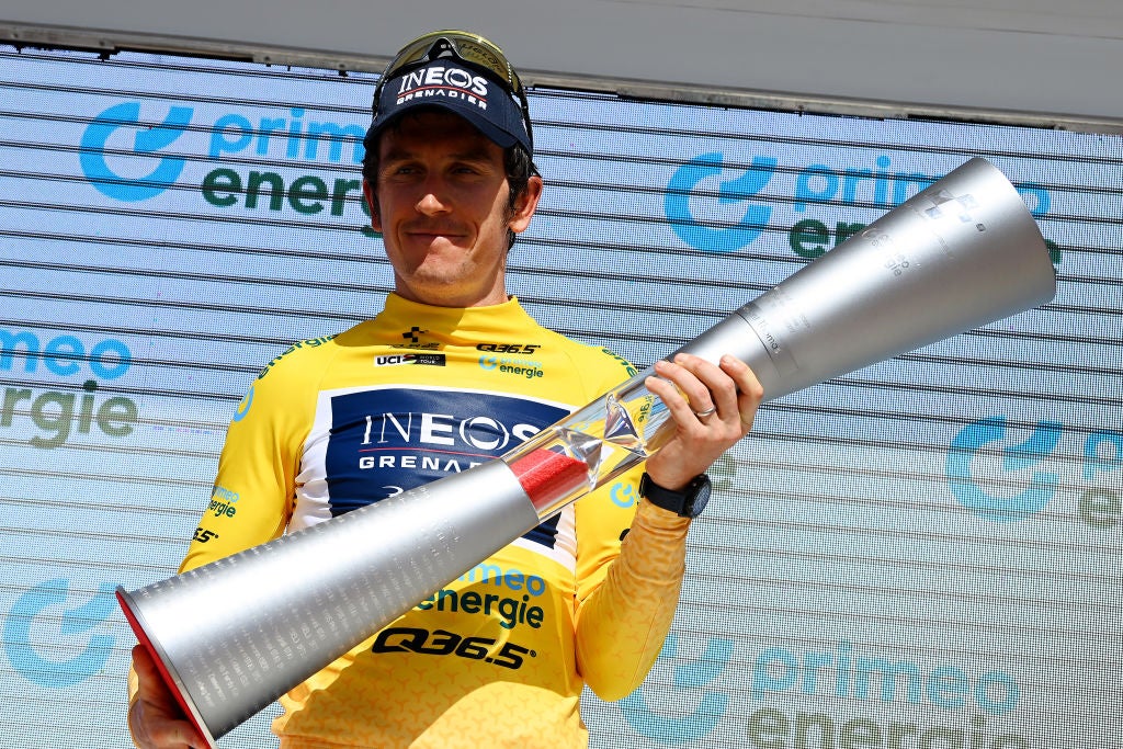 VADUZ, LIECHTENSTEIN - JUNE 19: Geraint Thomas of The United Kingdom and Team INEOS Grenadiers celebrates winning the yellow leader jersey on the podium ceremony after the 85th Tour de Suisse 2022 - Stage 8 a 25,6km individual time trial stage from Vaduz to Vaduz / #tourdesuisse2022 / #WorldTour / ITT / on June 19, 2022 in Vaduz, Liechtenstein. (Photo by Tim de Waele/Getty Images)