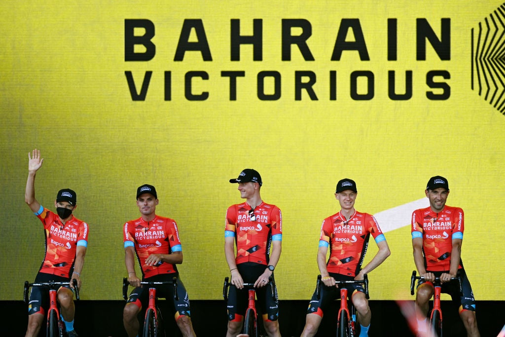 COPENHAGEN, DENMARK - JUNE 29: A general view of Kamil Gradek of Poland, Jack Haig of Australia, Matej Mohoric of Slovenia, Luis Leon Sanchez Gil of Spain and Team Bahrain Victorious during the Team Presentation of the 109th Tour de France 2022 at Tivoli Gardens in Copenhagen City / #TDF2022 / on June 29, 2022 in Copenhagen, Denmark. (Photo by Stuart Franklin/Getty Images,)