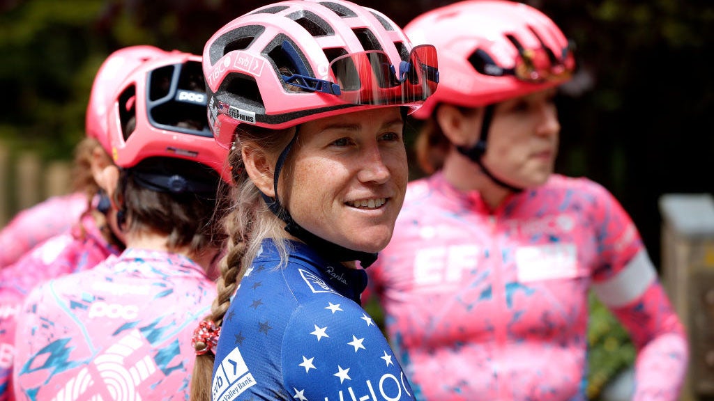 GARNICH, LUXEMBOURG - MAY 01: Lauren Stephens of United States and Team EF Education - Tibco - Svb during the team presentation prior to the 14th Ceratizit Festival Elsy Jacobs 2022 - Stage 2 a 109,3km stage from Garnich to Garnich / #felsy / on May 01, 2022 in Garnich, Luxembourg. (Photo by Bas Czerwinski/Getty Images)