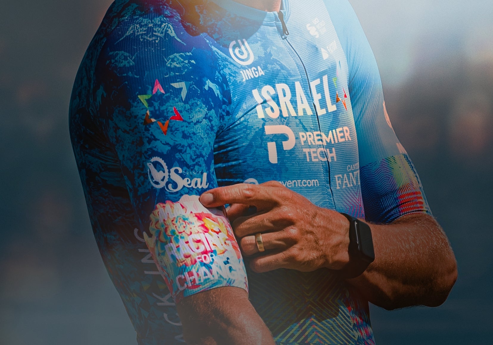 A close up of the new Israel-Premier Tech jersey for the Tour de France