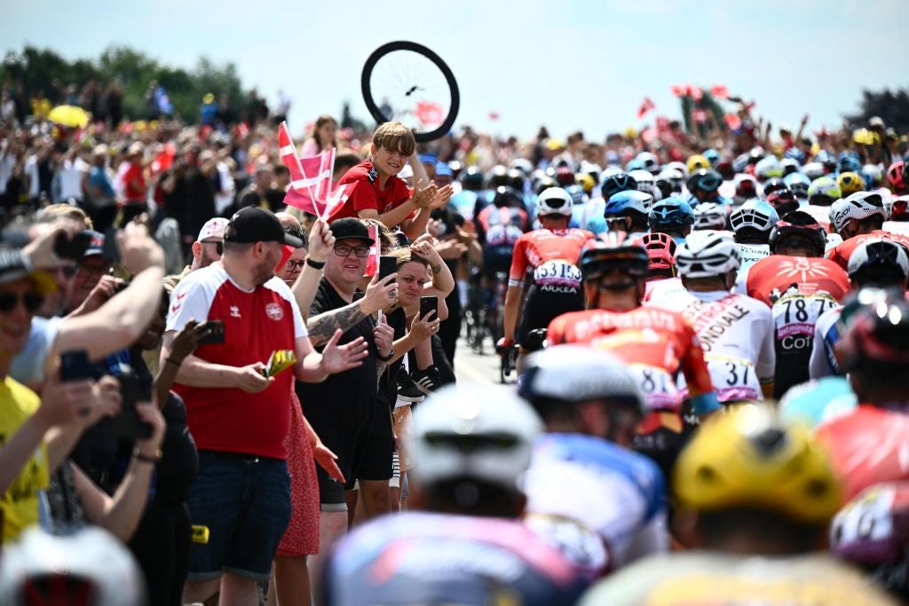 Illustration picture shows the pack of riders in action during stage three of the Tour de France cycling race, 182km from Vejle to Sonderborg, Denmark on Sunday 03 July 2022. This year's Tour de France takes place from 01 to 24 July 2022 and starts with three stages in Denmark.
BELGA PHOTO JASPER JACOBS (Photo by JASPER JACOBS / BELGA MAG / Belga via AFP) (Photo by JASPER JACOBS/BELGA MAG/AFP via Getty Images)