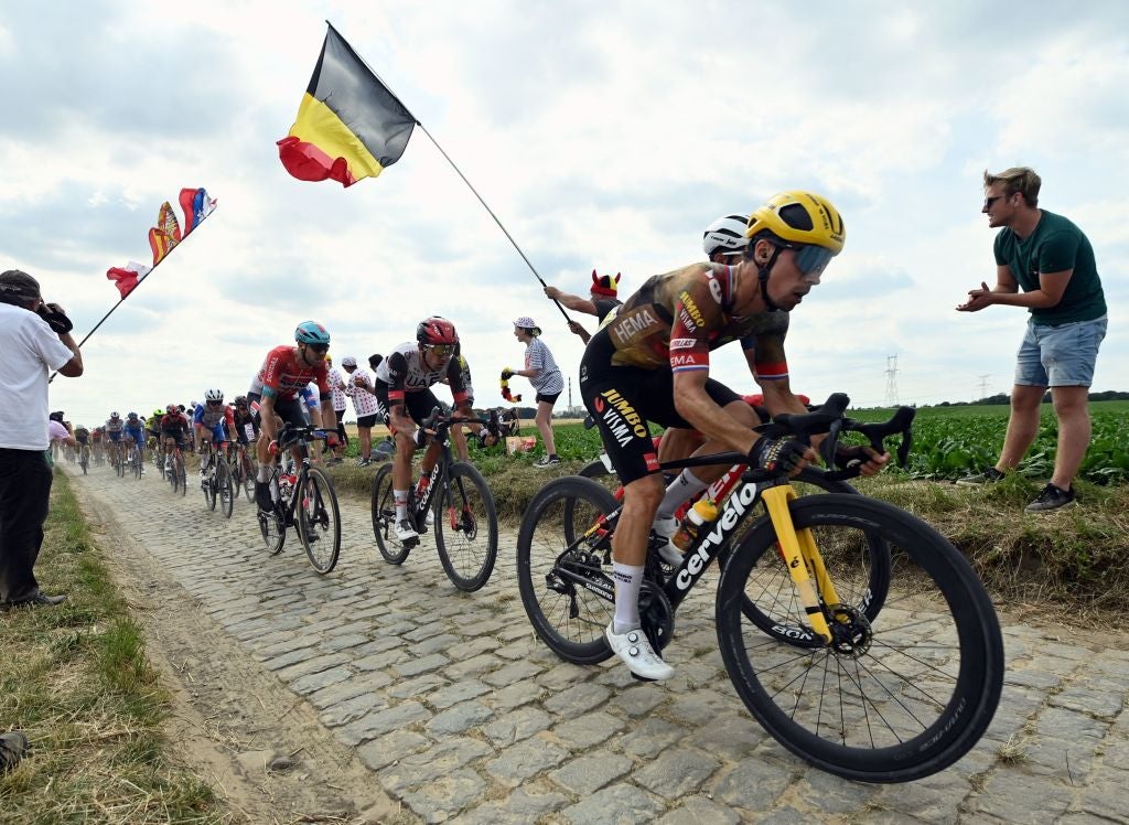 Slovenian Primoz Roglic of Jumbo-Visma pictured in action during stage five of the Tour de France cycling race, a 155 km race from Lille Metropole to Arenberg porte du Hainaut, France on Wednesday 06 July 2022. This year's Tour de France takes place from 01 to 24 July 2022. BELGA PHOTO DAVID STOCKMAN - UK OUT (Photo by DAVID STOCKMAN / BELGA MAG / Belga via AFP) (Photo by DAVID STOCKMAN/BELGA MAG/AFP via Getty Images)