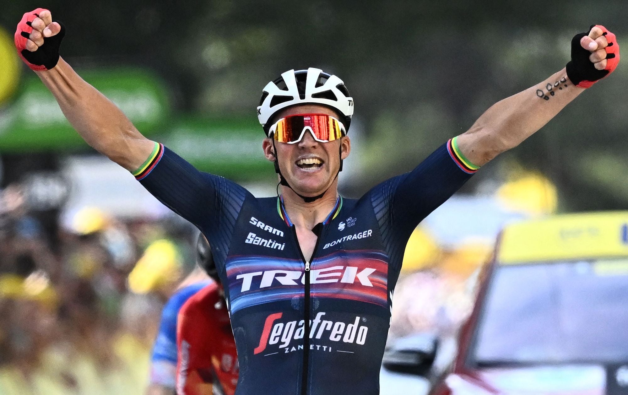 Mads Pedersen celebrates victory.