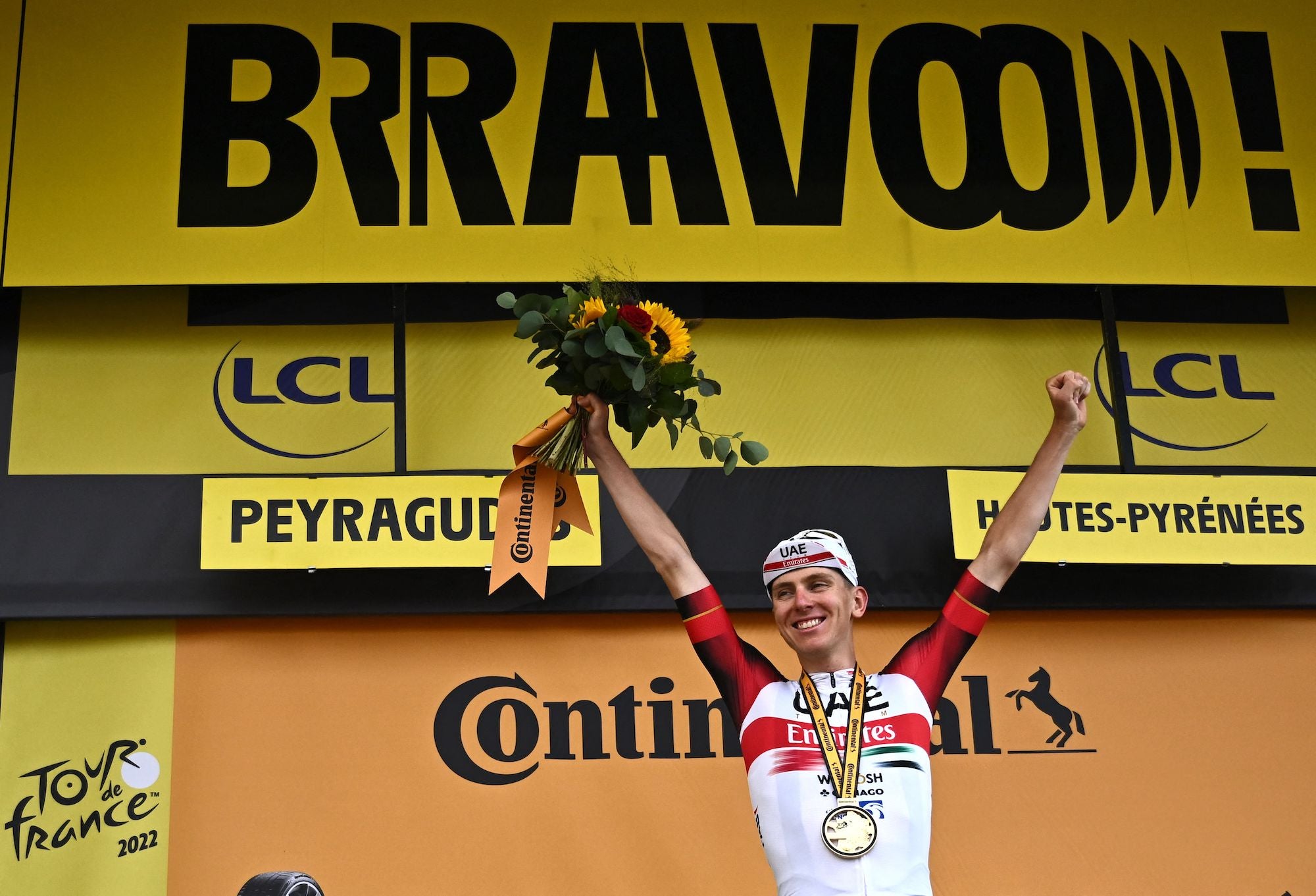 Tadej Pogacar celebrates his ninth career Tour de France stage win.