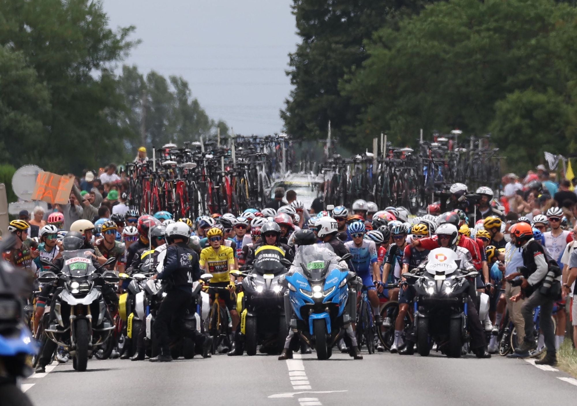 The peloton is stopped early in stage 19 due to protests.