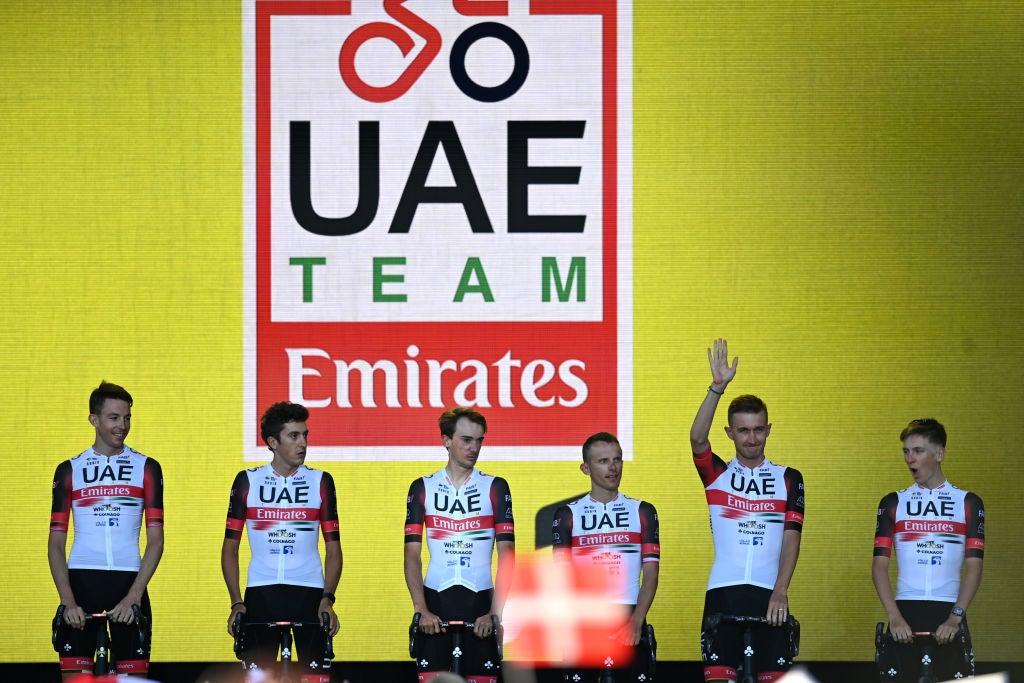 COPENHAGEN, DENMARK - JUNE 29: Mikkel Bjerg of Denmark, Stake Laengen Vegard of Norway, Rafal Majka of Poland, Brandon Mcnulty of United States, Tadej Pogacar of Slovenia, Marc Soler Gimenez of Spain, Matteo Trentin of Italy and UAE Team Emirates during the Team Presentation of the 109th Tour de France 2022 at Tivoli Gardens in Copenhagen City / #TDF2022 / on June 29, 2022 in Copenhagen, Denmark. (Photo by Stuart Franklin/Getty Images,)