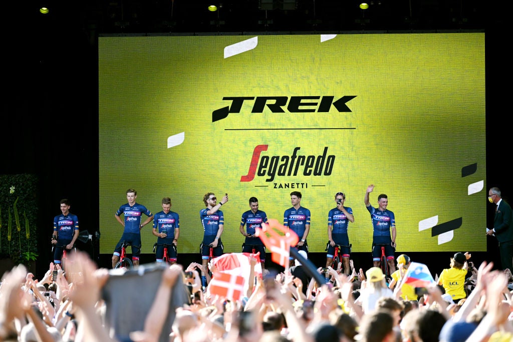 COPENHAGEN, DENMARK - JUNE 29: Giulio Ciccone of Italy, Alex Kirsch of Luxembourg, Toms Skujins of Latvia, Quinn Simmons of United States, Tony Gallopin of France, Jasper Stuyven of Belgium, Bauke Mollema of Netherlands, Mads Pedersen of Denmark and Team Trek - Segafredo during the Team Presentation of the 109th Tour de France 2022 at Tivoli Gardens in Copenhagen City / #TDF2022 / on June 29, 2022 in Copenhagen, Denmark. (Photo by Stuart Franklin/Getty Images,)