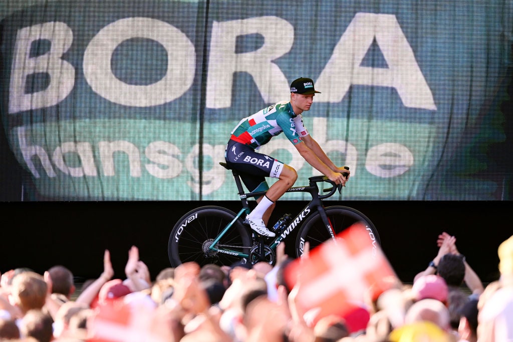 COPENHAGEN, DENMARK - JUNE 29: Aleksander Vlasov of Russia and Team Bora - Hansgrohe during the Team Presentation of the 109th Tour de France 2022 at Tivoli Gardens in Copenhagen City / #TDF2022 / on June 29, 2022 in Copenhagen, Denmark. (Photo by Stuart Franklin/Getty Images,)