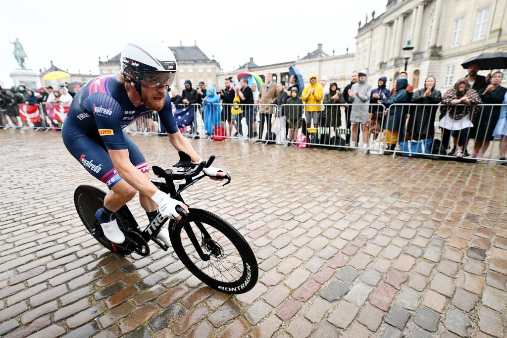 COPENHAGEN, DENMARK - JULY 01: Quinn Simmons of United States and Team Trek - Segafredo sprints during the 109th Tour de France 2022, Stage 1 a 13,2km individual time trial stage from Copenhagen to Copenhagen / ITT / #TDF2022 / #WorldTour / on July 01, 2022 in Copenhagen, Denmark. (Photo by Stuart Franklin/Getty Images)