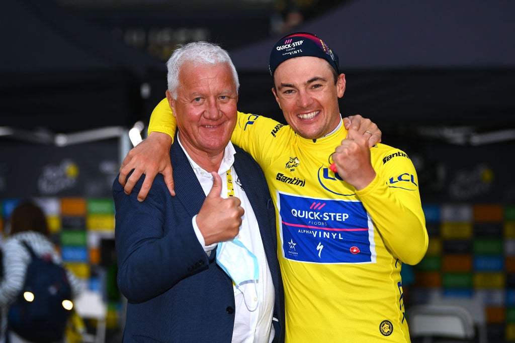 Team manager Patrick Lefevere celebrates the win.