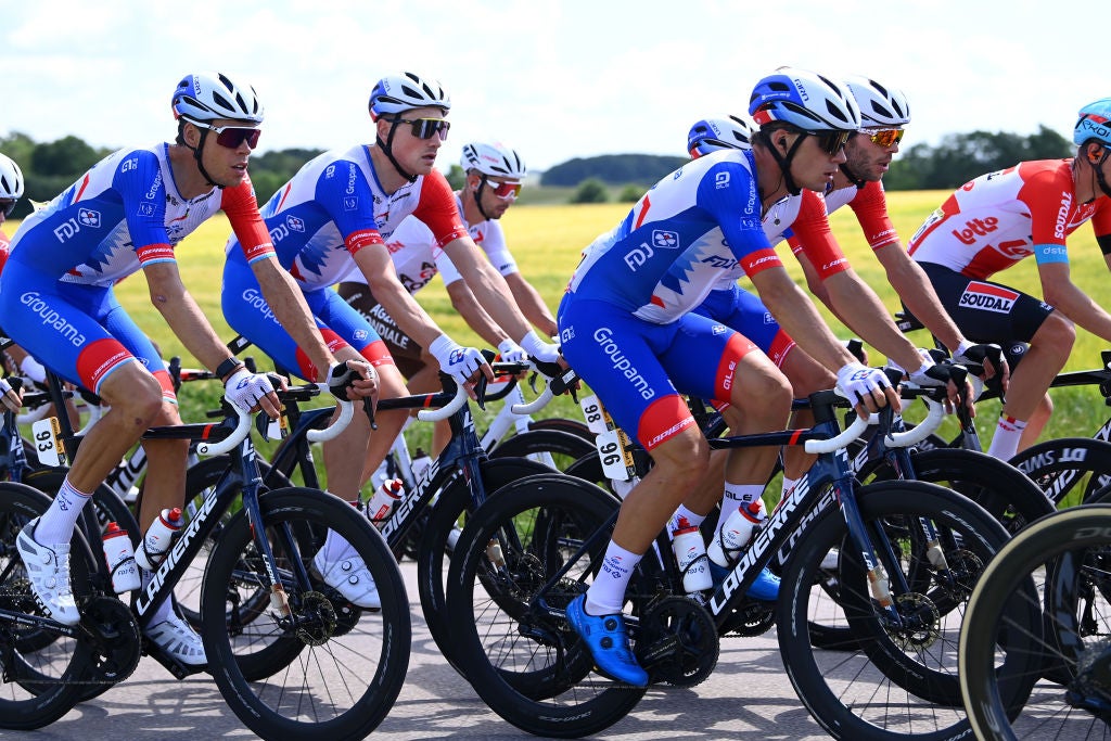 NYBORG, DENMARK - JULY 02: (L-R) Kevin Geniets of Luxembourg, Stefan Küng of Switzerland and Valentin Madouas of France and Team Groupama - FDJ compete during the 109th Tour de France 2022, Stage 2 a 202,2km stage from Roskilde to Nyborg / #TDF2022 / #WorldTour / on July 02, 2022 in Nyborg, Denmark. (Photo by Tim de Waele/Getty Images)