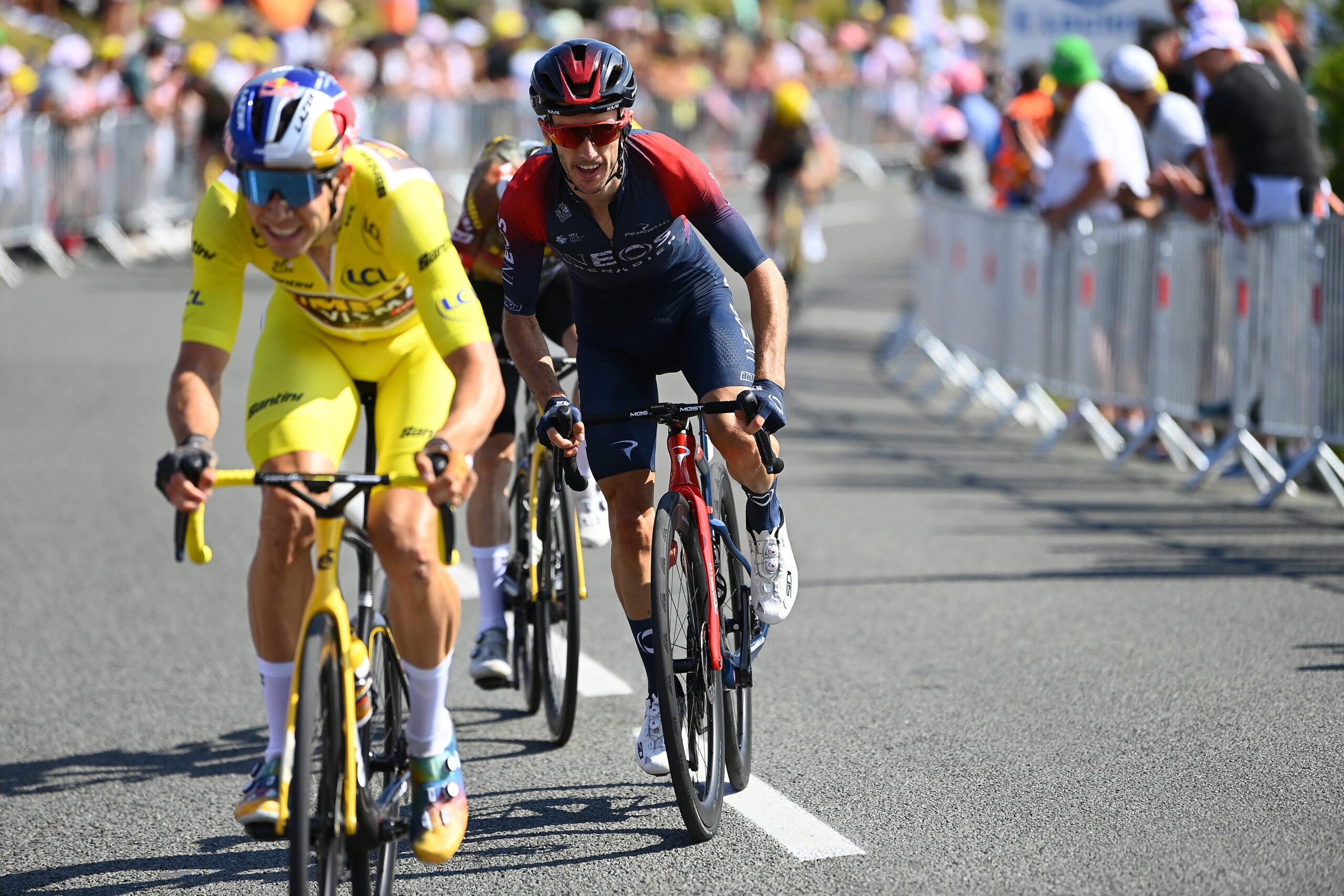 Adam Yates tries to hang on to the wheel Tuesday.
