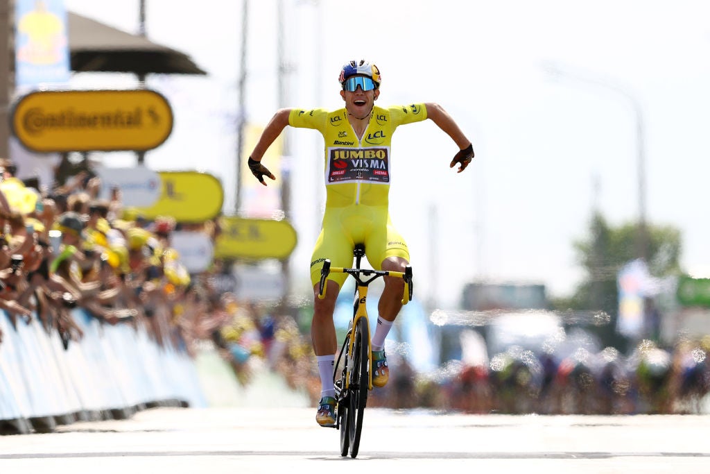CALAIS, FRANCE - JULY 05: Wout Van Aert of Belgium and Team Jumbo - Visma Yellow Leader Jersey celebrates at finish line as stage winner during the 109th Tour de France 2022, Stage 4 a 171,5km stage from Dunkerque to Calais / #TDF2022 / #WorldTour / on July 05, 2022 in Calais, France. (Photo by Michael Steele/Getty Images)