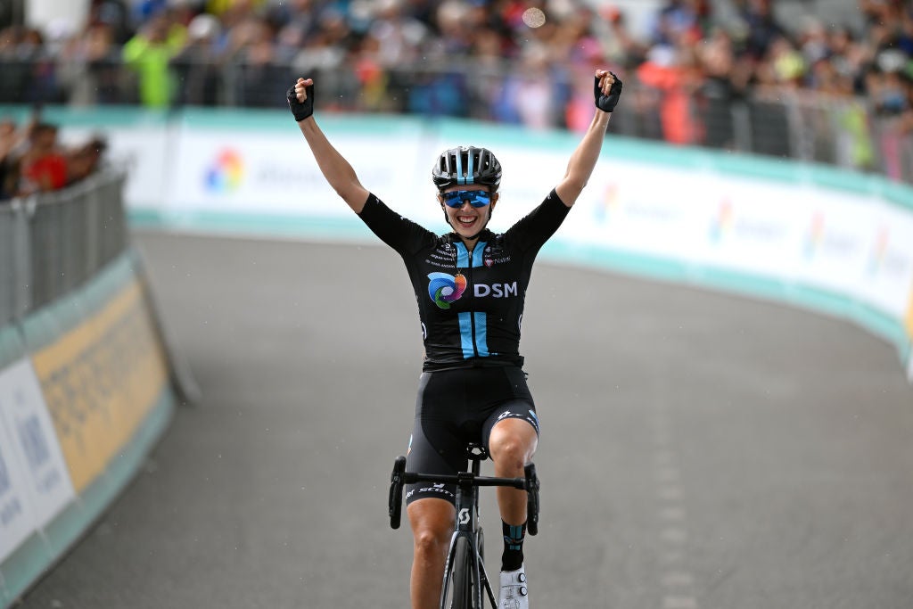 PASSO DEL MANIVA, ITALY - JULY 07: Juliette Labous of France and Team DSM celebrates winning during the 33rd Giro d'Italia Donne 2022 - Stage 7 a 112,9km stage from Prevalle to Passo del Maniva 1743m / #GiroDonne / #UCIWWT / on July 07, 2022 in Passo del Maniva, Italy. (Photo by Dario Belingheri/Getty Images,)