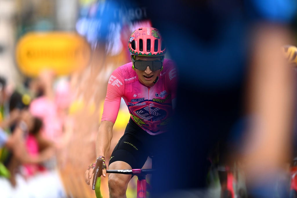 LONGWY, FRANCE - JULY 07: Neilson Powless of United States and Team EF Education - Easypost crosses the finishing line during the 109th Tour de France 2022, Stage 6 a 219,9km stage from Binche to Longwy 377m / #TDF2022 / #WorldTour / on July 07, 2022 in Longwy, France. (Photo by Tim de Waele/Getty Images)
