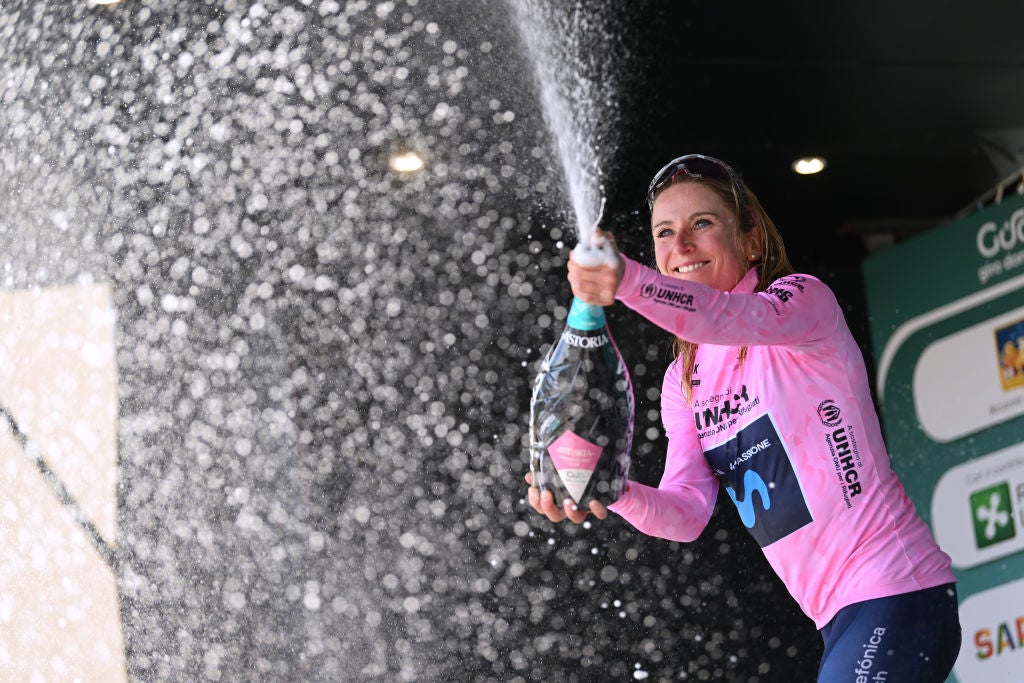 SAN LORENZO DORSINO, ITALY - JULY 09: Annemiek Van Vleuten of Netherlands and Movistar Team - Pink Leader Jersey celebrates at podium during the 33rd Giro d'Italia Donne 2022 - Stage 9 a 112,8km stage from San Michele All’Adige to San Lorenzo Dorsino 727m / #GiroDonne / #UCIWWT / on July 09, 2022 in San Lorenzo Dorsino, Italy. (Photo by Dario Belingheri/Getty Images,)