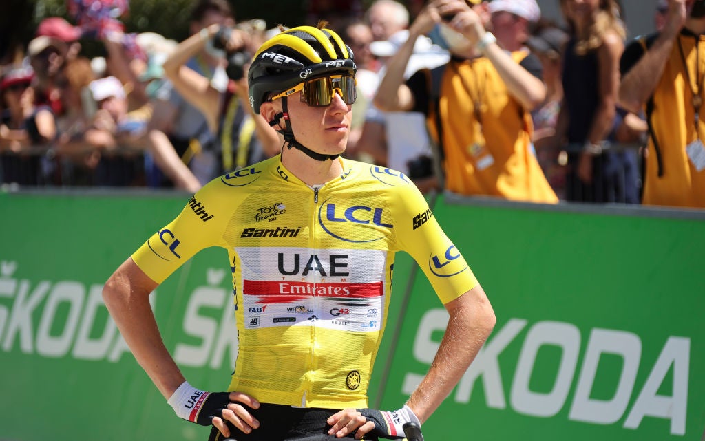 AIGLE, SWITZERLAND - JULY 10: Race leaders yellow jersey Tadej Pogacar of Slovenia and UAE Team Emirates at the start of the 109th Tour de France 2022, Stage 9, a 192,9 km stage from Aigle, Switzerland to Chatel - Les Portes du Soleil, France / #TDF2022 / #WorldTour / on July 10, 2022 in Aigle, Switzerland. (Photo by Jean Catuffe/Getty Images)