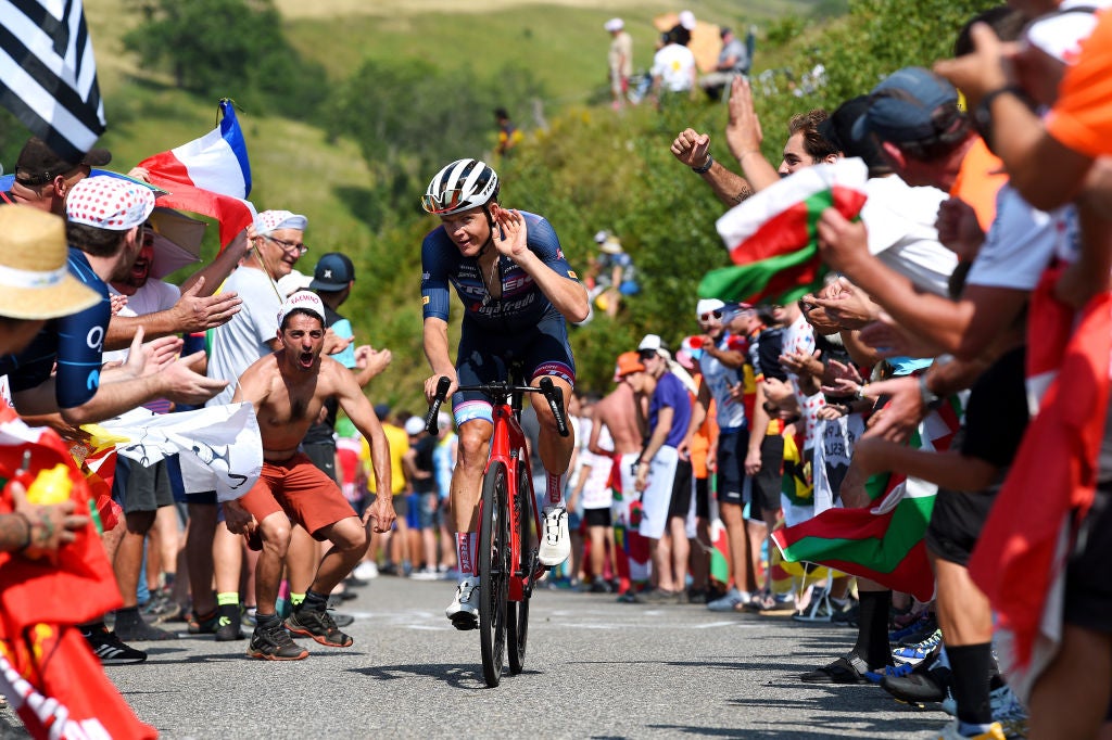 PEYRAGUDES, FRANCE - JULY 20: Toms Skujins of Latvia and Team Trek - Segafredo waves the crowd climbing the Peyragudes (1580m) during the 109th Tour de France 2022, Stage 17 a 129,7km stage from Saint-Gaudens to Peyragudes 1580m / #TDF2022 / #WorldTour / on July 20, 2022 in Peyragudes, France. (Photo by Dario Belingheri/Getty Images)