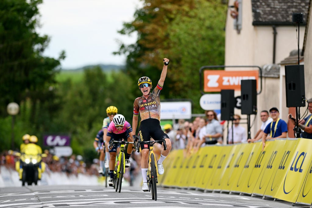 PROVINS, FRANCE - JULY 25: Marianne Vos of Netherlands and Jumbo Visma Women Team celebrates winning during the 1st Tour de France Femmes 2022, Stage 2 a 136,4km stage from Meaux to Provins / #TDFF / #UCIWWT /  on July 25, 2022 in Provins, France. (Photo by Dario Belingheri/Getty Images)