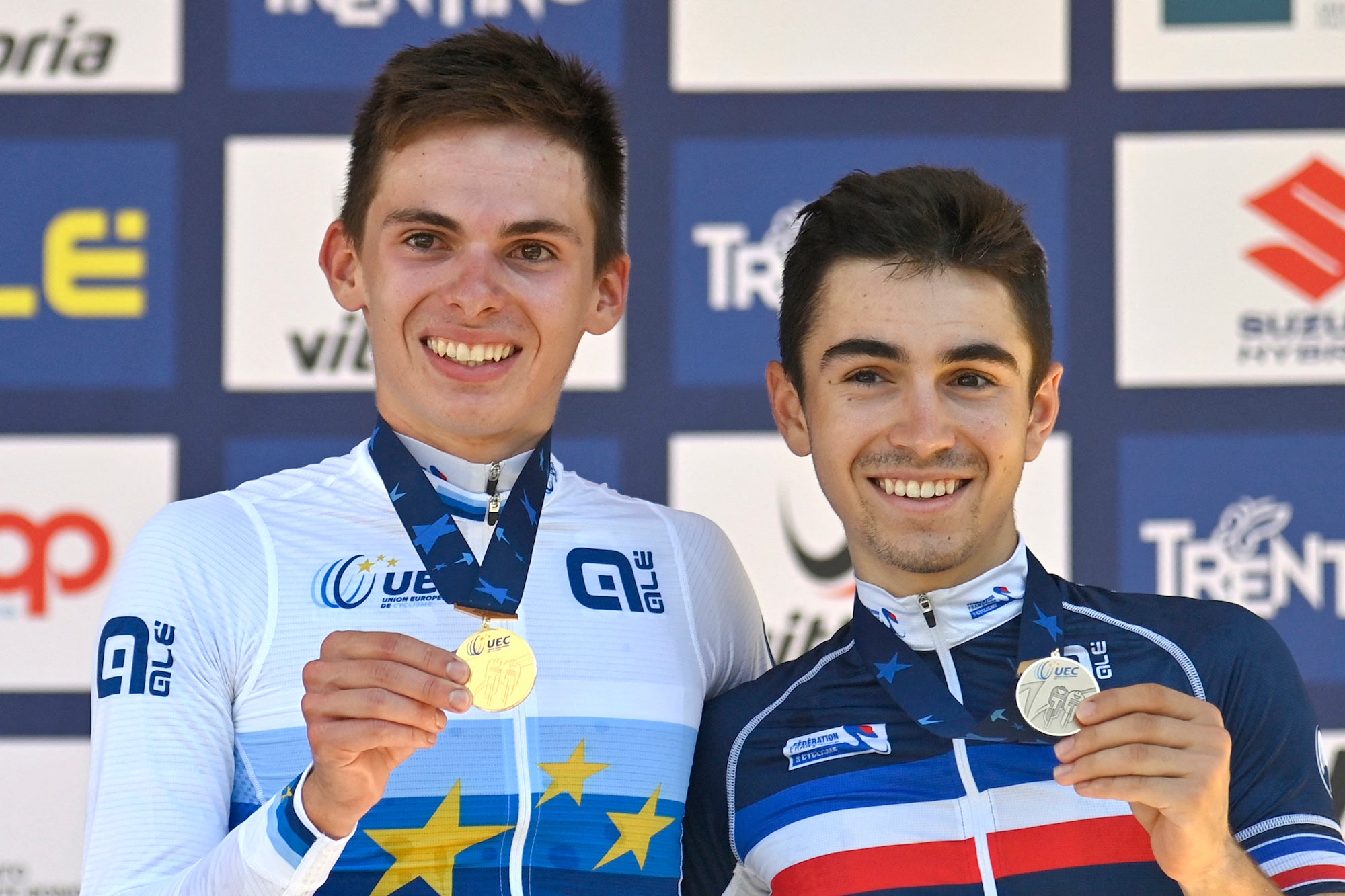 Romain Gregoire, left, and Lenny Martinez, shown here with gold and bronze at the 2021 European championships, both will join Groupama-FDJ in 2023.