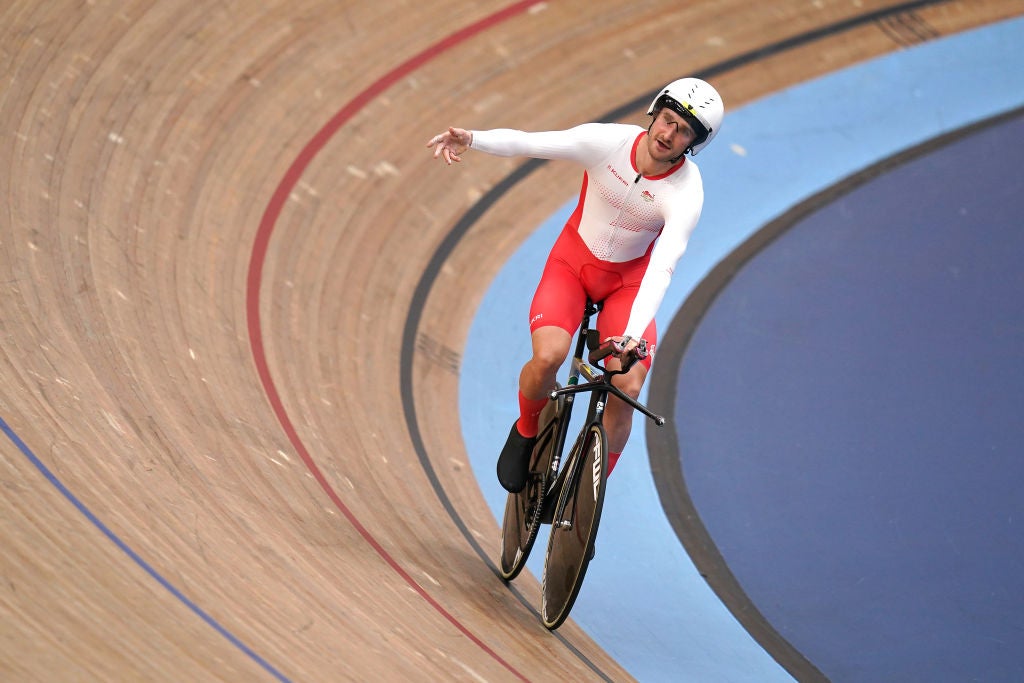 England's Dan Bigham celebrates after the Men's 4000m Individual Pursuit qualifying at Lee Valley VeloPark on day two of the 2022 Commonwealth Games in London. Picture date: Saturday July 30, 2022. (Photo by John Walton/PA Images via Getty Images)