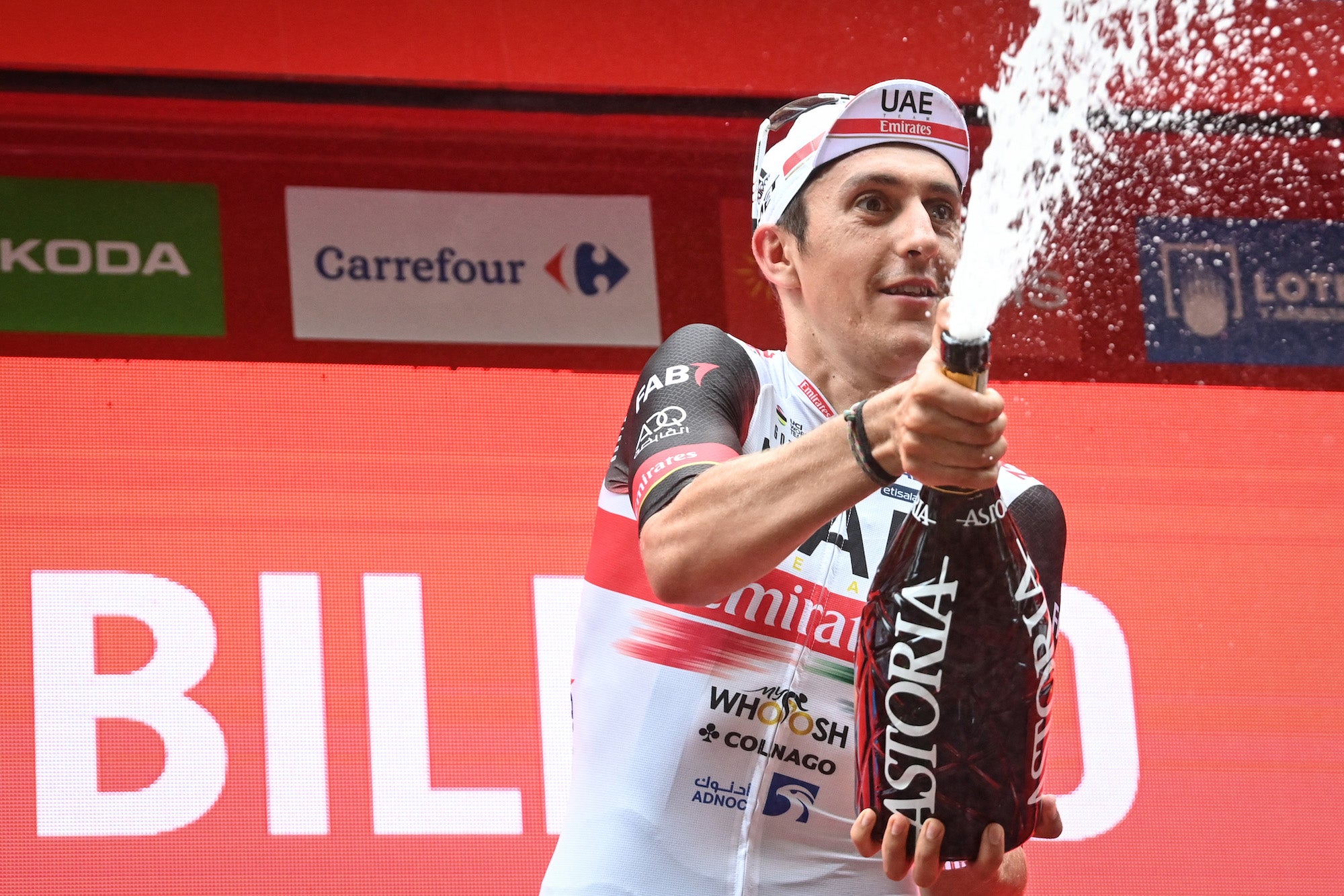 Marc Soler celebrates Spain's first win in the 2022 Vuelta.