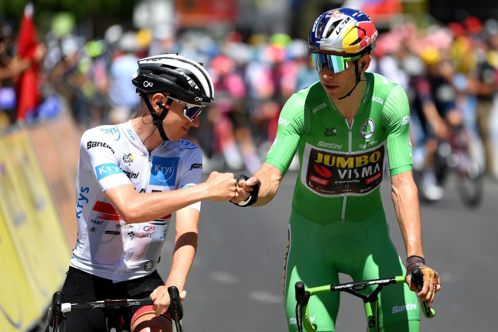 SAINT-ETIENNE, FRANCE - JULY 15: (L-R) Tadej Pogacar of Slovenia and UAE Team Emirates - White Best Young Rider Jersey and Wout Van Aert of Belgium and Team Jumbo - Visma - Green Points Jersey prior to the 109th Tour de France 2022, Stage 13 a 192,6km stage from Le Bourg d'Oisans to Saint-Etienne 488m / #TDF2022 / #WorldTour / on July 15, 2022 in Saint-Etienne, France. (Photo by Alex Broadway/Getty Images)