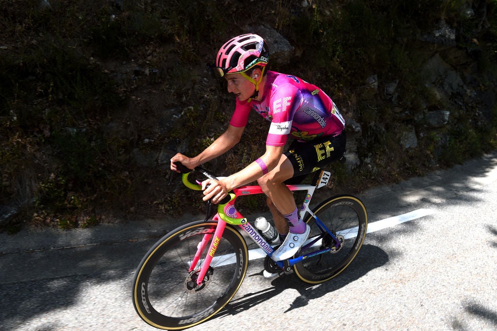 FOIX, FRANCE - JULY 19: Neilson Powless of United States and Team EF Education - Easypost competes in the chase group during the 109th Tour de France 2022, Stage 16 a 178,5km stage from Carcassonne to Foix / #TDF2022 / #WorldTour / on July 19, 2022 in Foix, France. (Photo by Dario Belingheri/Getty Images)