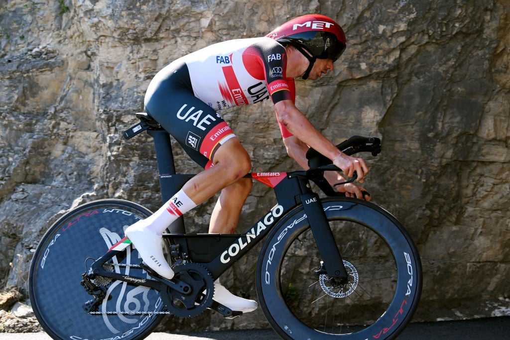 ROCAMADOUR, FRANCE - JULY 23: Brandon Mcnulty of United States and UAE Team Emirates sprints during the 109th Tour de France 2022, Stage 20 a 40,7km individual time trial from Lacapelle-Marival to Rocamadour / #TDF2022 / #WorldTour / on July 23, 2022 in Rocamadour, France. (Photo by Dario Belingheri/Getty Images)
