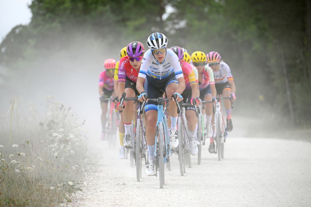 Ellen van Dijk on the front of the peloton at the Tour de France Femmes