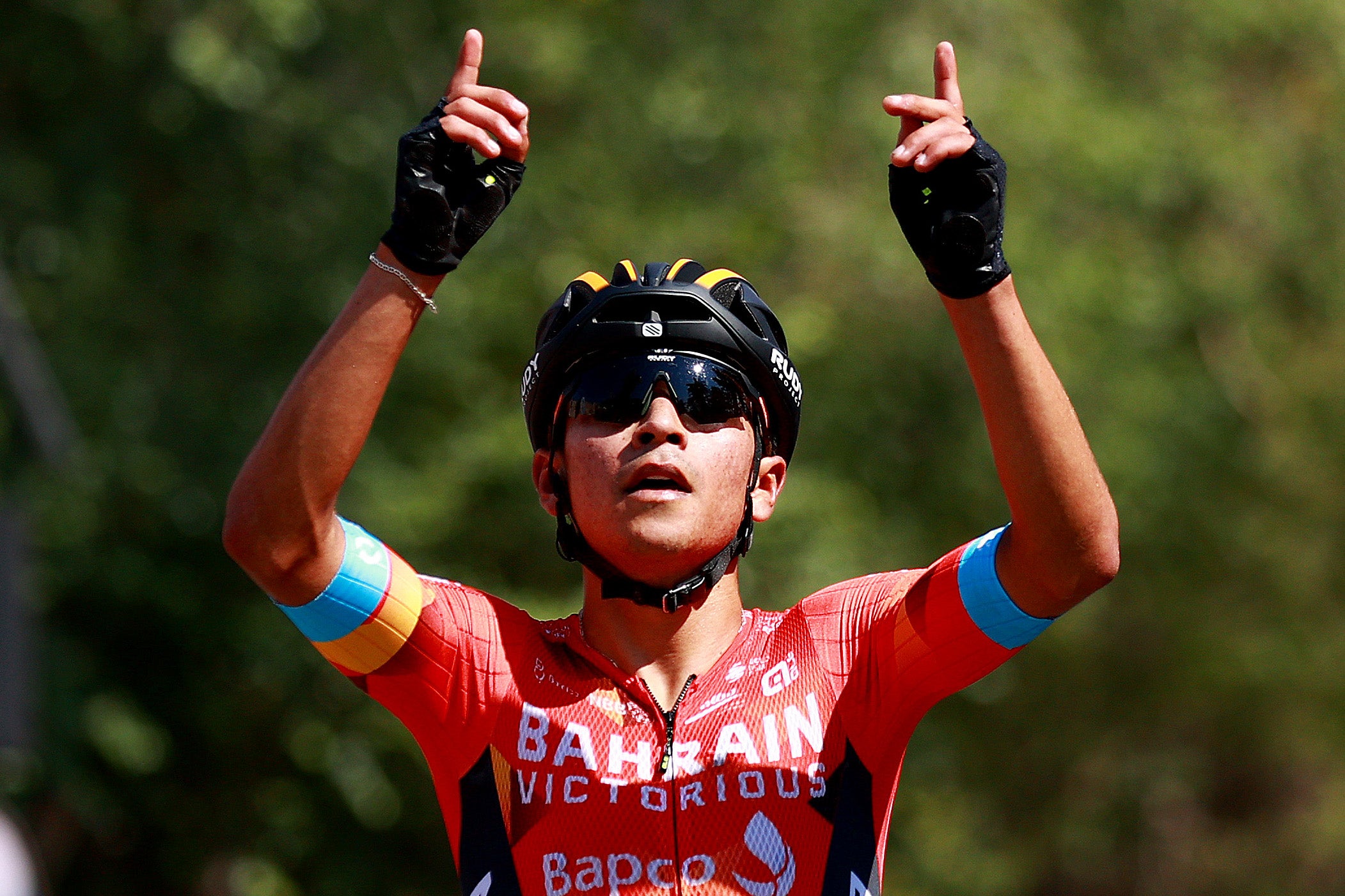 Santiago Buitrago celebrates victory in the opening stage at the Vuelta a Burgos.