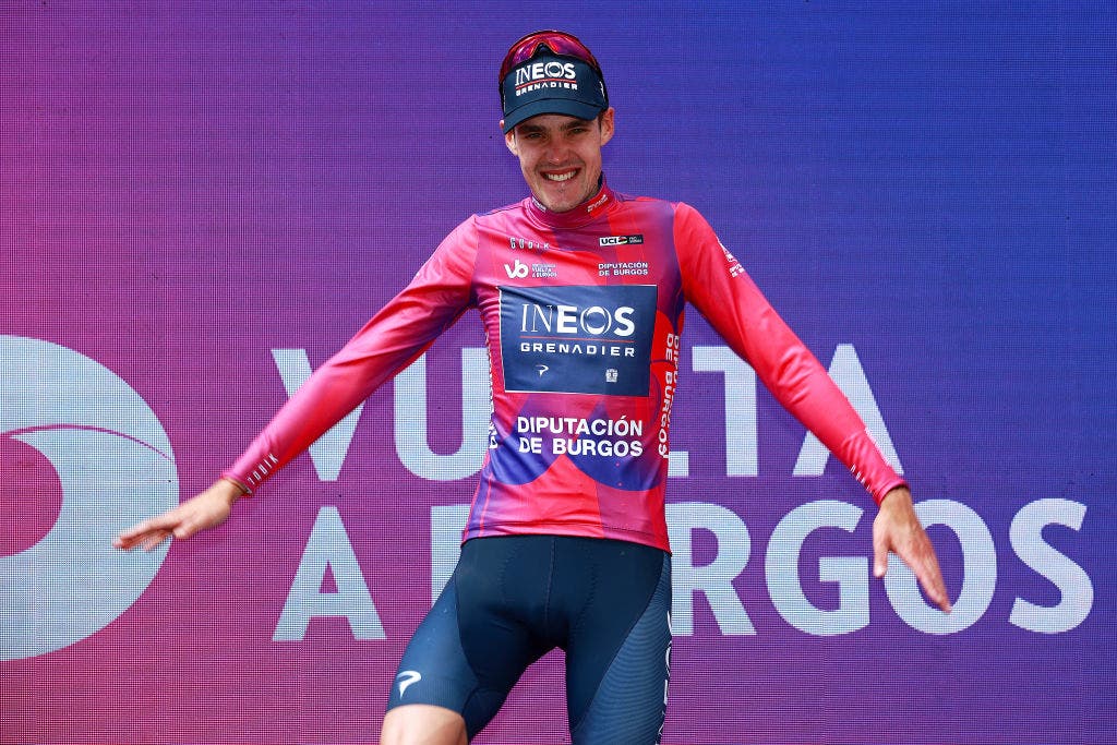 NEILA, SPAIN - AUGUST 06: Pavel Sivakov of Russia and Team INEOS Grenadiers celebrates winning the Purple Leader Jersey on the podium ceremony after the 44th Vuelta a Burgos 2022, Stage 5 a 170km stage from Lerma to Lagunas de Neila 1867m / #VueltaBurgos / on August 06, 2022 in Neila, Spain. (Photo by Gonzalo Arroyo Moreno/Getty Images)