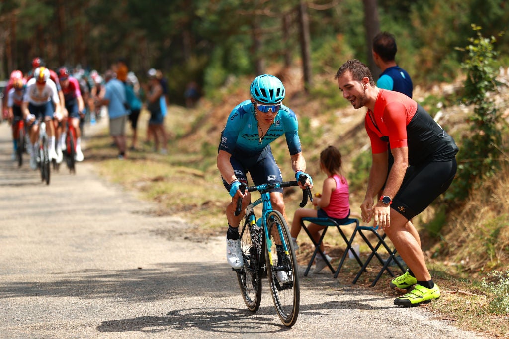 NEILA, SPAIN - AUGUST 06: Miguel Ángel López Moreno of Colombia and Team Astana – Qazaqstan attacks in the breakaway during the 44th Vuelta a Burgos 2022, Stage 5 a 170km stage from Lerma to Lagunas de Neila 1867m / #VueltaBurgos / on August 06, 2022 in Neila, Spain. (Photo by Gonzalo Arroyo Moreno/Getty Images)