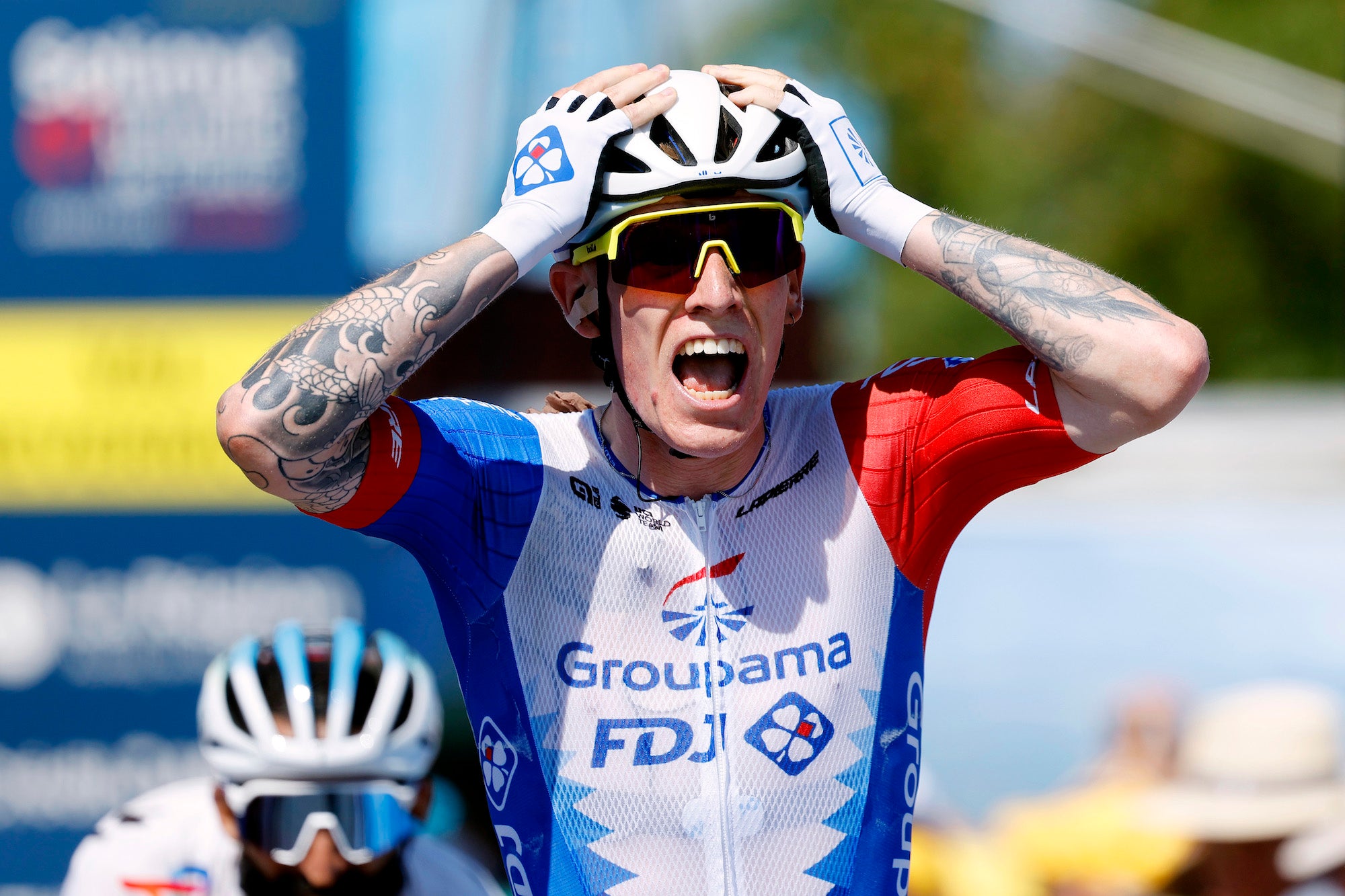 VAL-REVERMONT, FRANCE - AUGUST 09: Jake Stewart of United Kingdom and Team Groupama - FDJ celebrates winning during the 34th Tour de l'Ain 2022 - Stage 1 a 152km stage from Châtillon-Sur-Chalaronne to Val-Revermont / #TDA22 / on August 09, 2022 in Val-Revermont, France. (Photo by Bas Czerwinski/Getty Images)