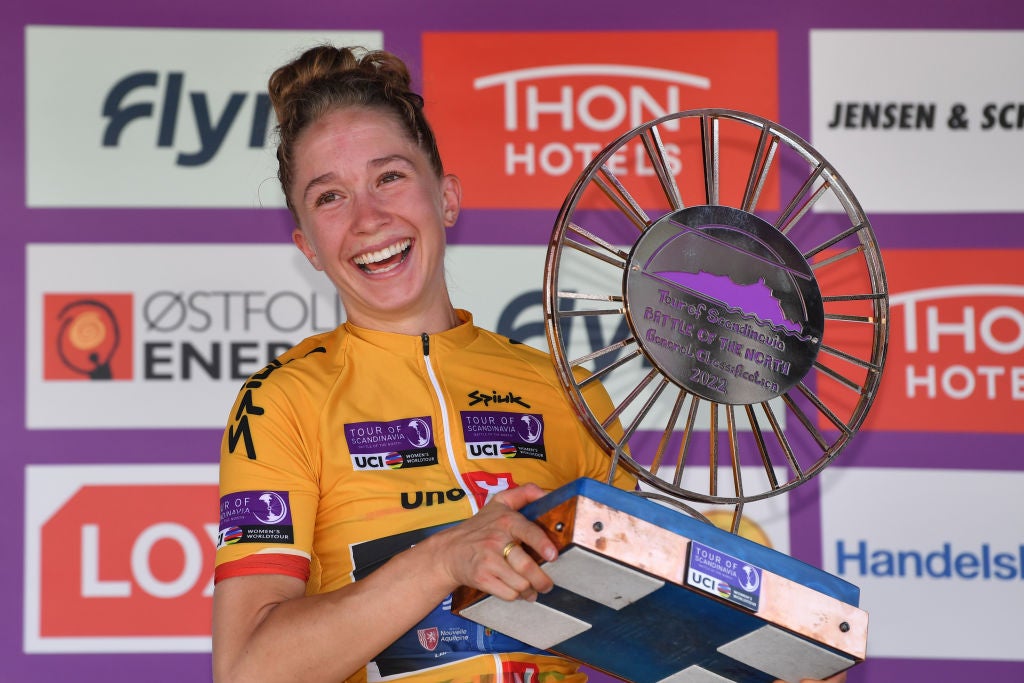 HALDEN, NORWAY - AUGUST 14: Cecilie Uttrup Ludwig of Denmark and Team FDJ Nouvelle - Aquitaine Futuroscope - Yellow Leader Jersey celebrates at podium as final overall winner during the 8th Tour of Scandinavia 2022 - Battle Of The North - Stage 6 a 154,3km stage from Lillestrøm to Halden / #UCIWWT / #tourofscandinavia / #TOSC22 / on August 14, 2022 in Halden, Norway. (Photo by Luc Claessen/Getty Images)