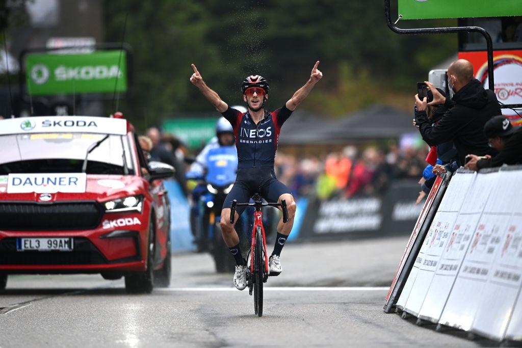 SCHAUINSLAND, GERMANY - AUGUST 27: Adam Yates of United Kingdom and Team INEOS Grenadiers celebrates at finish line as stage winner during the 37th Deutschland Tour 2022 - Stage 3 a 148,9km stage from Freiburg to Schauinsland 1200m / #DeineTour / on August 27, 2022 in Schauinsland, Germany. (Photo by Stuart Franklin/Getty Images,)
