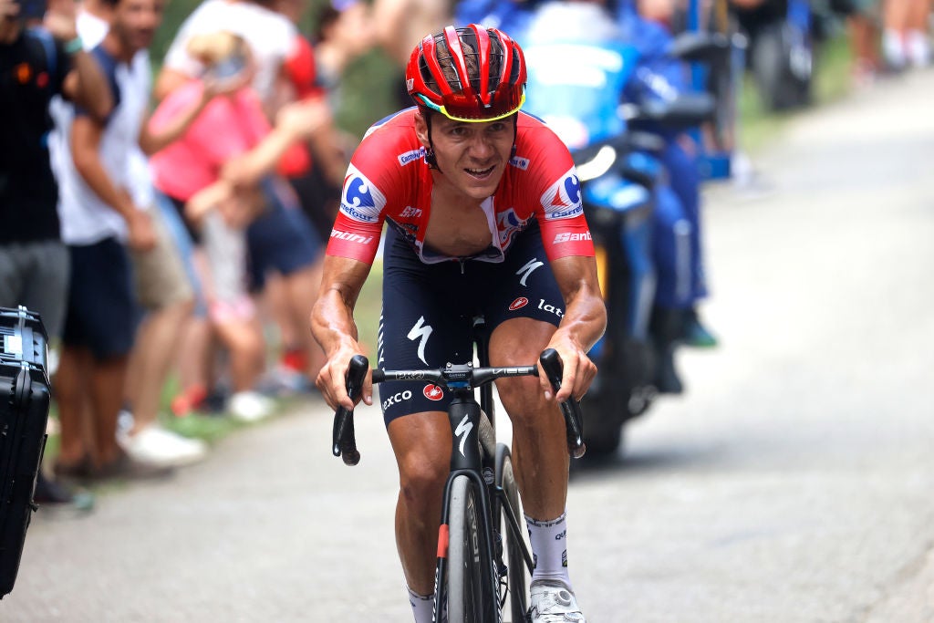 LES PRAERES-NAVA, SPAIN - AUGUST 28: Remco Evenepoel of Belgium and Team Quick-Step - Alpha Vinyl - Red Leader Jersey attacks in the chase group during the 77th Tour of Spain 2022, Stage 9 a 171,4km stage from Villaviciosa to Les Praeres. Nava 743m / #LaVuelta22 / #WorldTour / on August 28, 2022 in Les Praeres. Nava, Spain. (Photo by Luis Gomez - Pool/Getty Images)