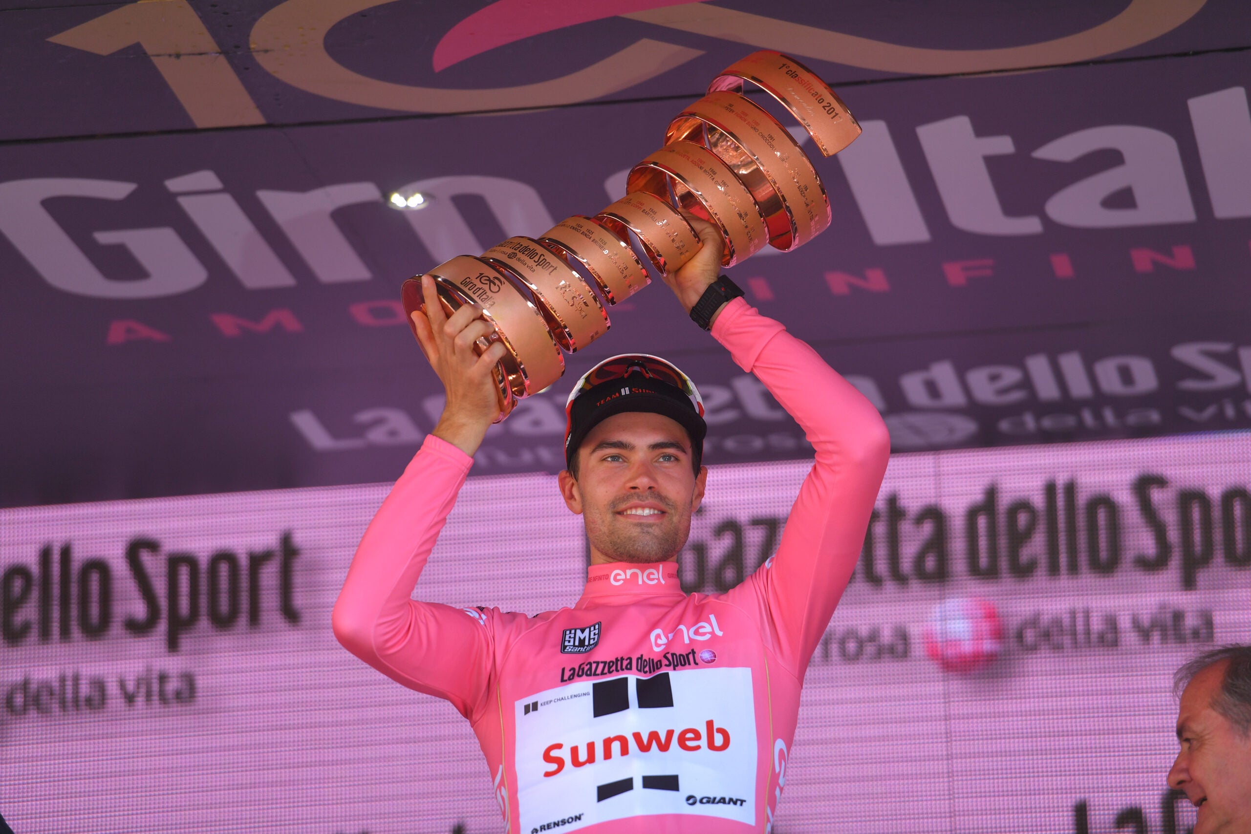 Cycling: 100th Tour of Italy 2017 / Stage 21 Podium / Tom DUMOULIN (NED) Pink Leader Jersey/ Celebration / Trophy/ Monza-Autrodromo Nazionale - Milano-Duomo (29,3km) / Individual Time Trial / ITT / Giro / (Photo by Tim de Waele/Corbis via Getty Images)