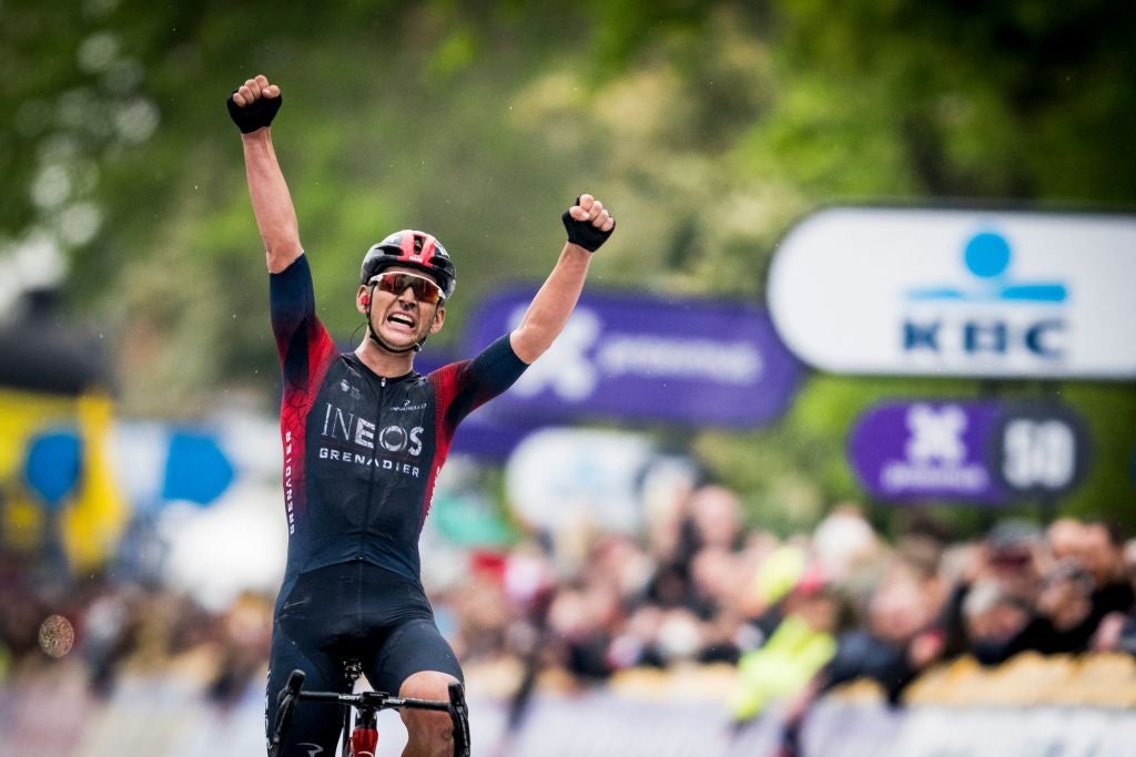 US' Magnus Sheffield of Ineos Grenadiers celebrates as he crosses the finish line to win the men's 'Brabantse Pijl' one day cycling race, 204,8 km from Leuven to Overijse, Wednesday 13 April 2022. BELGA PHOTO JASPER JACOBS (Photo by JASPER JACOBS / BELGA MAG / Belga via AFP) (Photo by JASPER JACOBS/BELGA MAG/AFP via Getty Images)