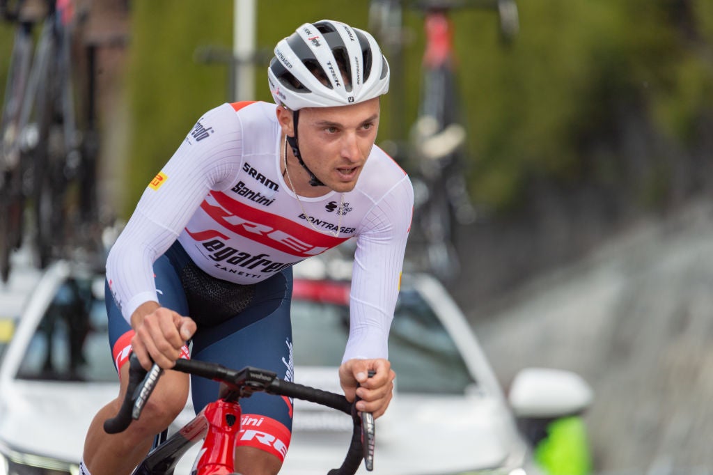 VILLARS-SUR-OLLON, SWITZERLAND - MAY 01: Gianluca Brambilla of Italy and Team Trek - Segafredo in action during the 75th Tour De Romandie 2022 - Stage 5 on May 1, 2022 in Villars-sur-Ollon, Switzerland. (Photo by RvS.Media/Basile Barbey/Getty Images,)