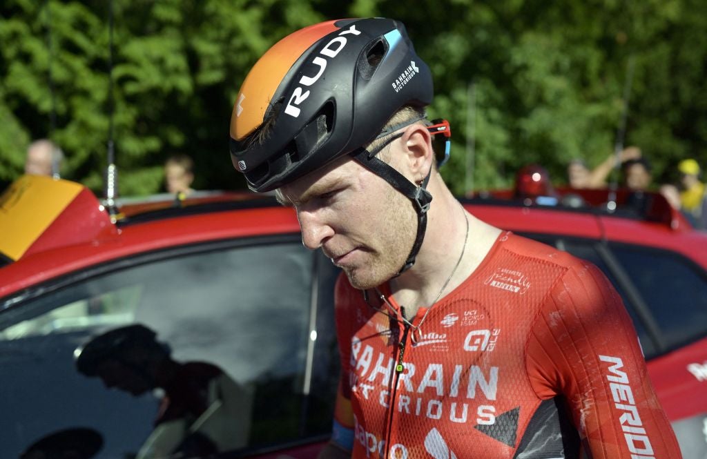 British Fred Wright of Bahrain Victorious pictured after stage eight of the Tour de France cycling race, a 184km race from Dole, France, to Lausanne, Switzerland, on Saturday 09 July 2022. This year's Tour de France takes place from 01 to 24 July 2022. BELGA PHOTO POOL SZYMON GRUCHALSKI - UK OUT (Photo by SZYMON GRUCHALSKI / BELGA MAG / Belga via AFP) (Photo by SZYMON GRUCHALSKI/BELGA MAG/AFP via Getty Images)