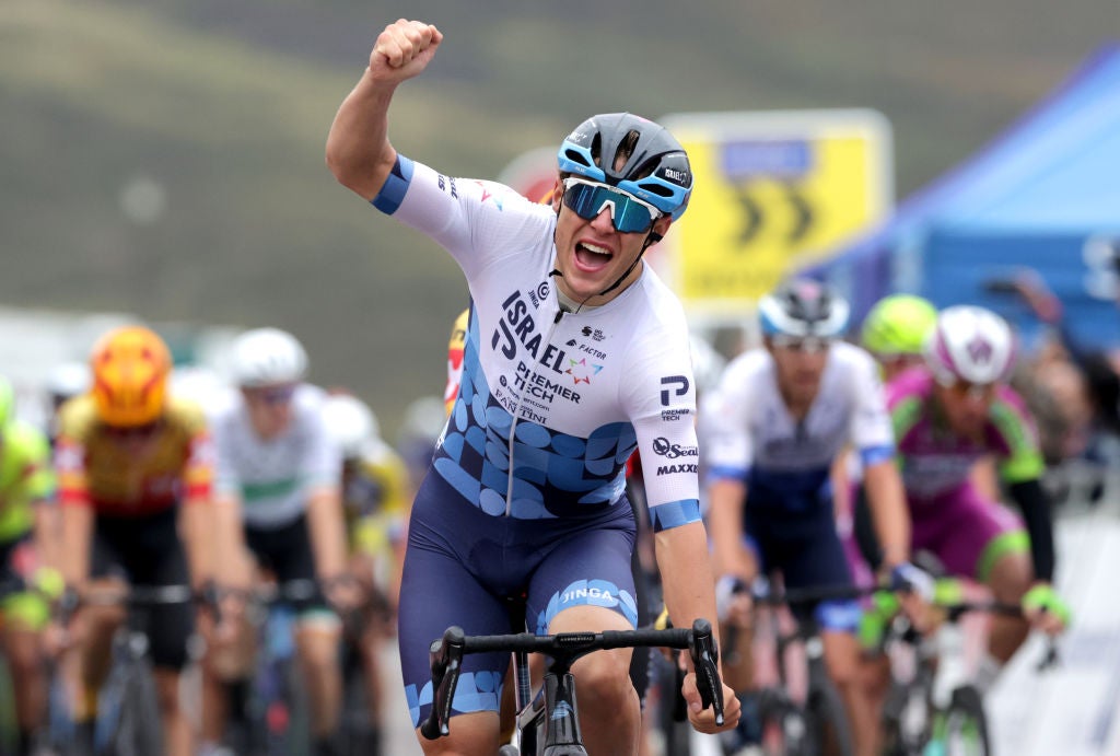 Corbin Strong of team Israel - Premier Tech celebrates winning stage one of the AJ Bell Tour of Britain from Aberdeen to Glenshee Ski Centre. Picture date: Sunday September 4, 2022. (Photo by Steve Welsh/PA Images via Getty Images)