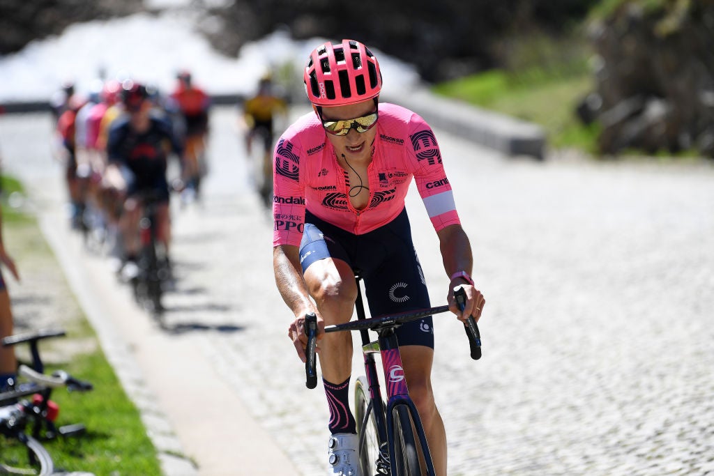 ANDERMATT, SWITZERLAND - JUNE 13: Neilson Powless of United States and Team EF Education - Nippo in breakaway during the 84th Tour de Suisse 2021, Stage 8 a 159,5km stage from Andermatt to Andermatt / Gotthardpass (2106m) / Cobblestones / #UCIworldtour / @tds / #tourdesuisse / on June 13, 2021 in Andermatt, Switzerland. (Photo by Tim de Waele/Getty Images)
