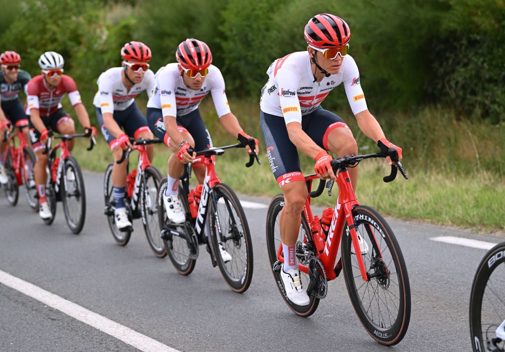 VIVONNE, FRANCE - AUGUST 25: Toms Skujins of Latvia and Team Trek - Segafredo competes during the 36th Tour Poitou - Charentes en Nouvelle Aquitaine 2022 - Stage 3a a 90,7km stage from Nieuil-l'Espoir to Vivonne / #TPC2022 / on August 25, 2022 in Vivonne, France. (Photo by Dario Belingheri/Getty Images)